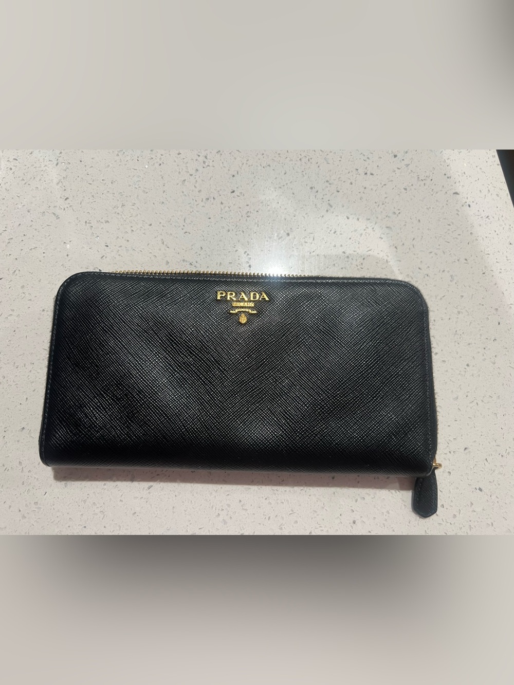 Prada Black Saffiano Zip-Around Wallet with Gold Logo